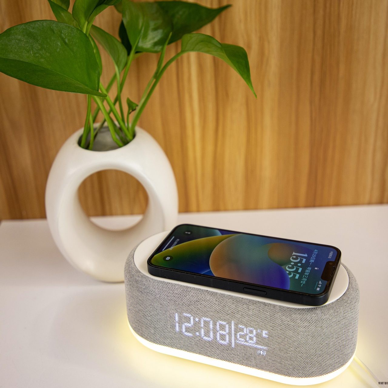 Minimalist multi function station with LED digital display bluetooth speaker 15W wireless charger ambient light for bedroom office